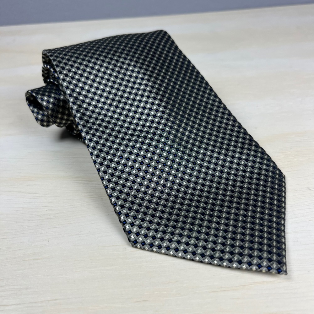 Foggia Mens Silk Tie Silver Grey Geometric Diamond Handmade Necktie
